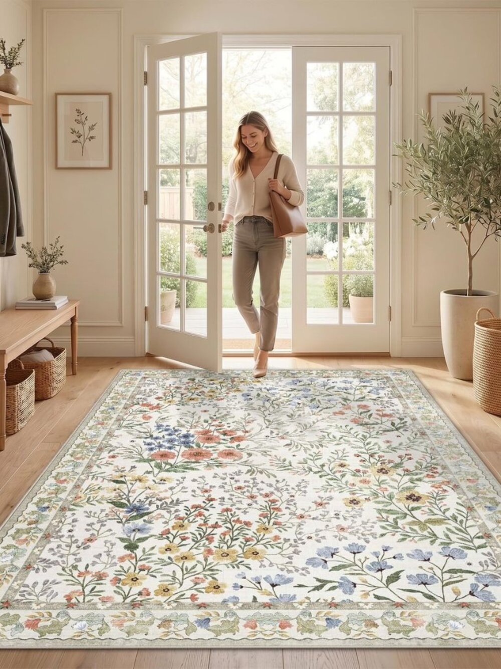 Washable Living Room Area Rug 5x7: Vintage Floral Accent Rug - Machine Washable